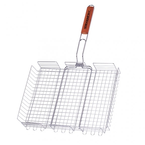Двойная большая хромированная решетка-корзина КЕМПИНГ с деревянной ручкой BQ-61