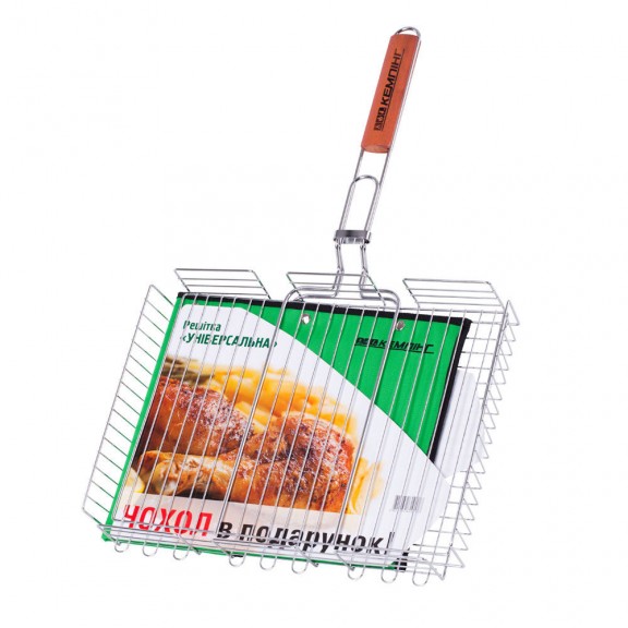 Двойная большая хромированная решетка-корзина КЕМПИНГ с деревянной ручкой BQ-61