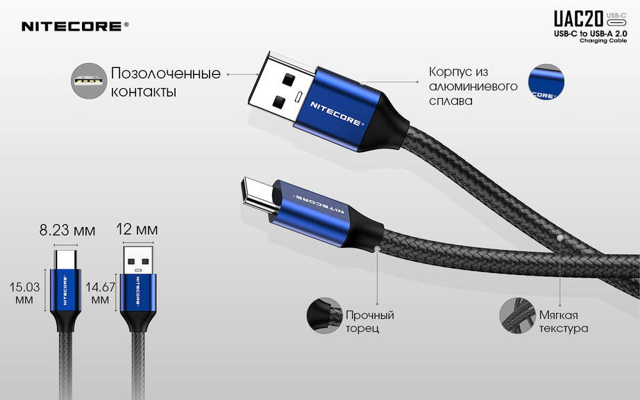 Кабель Nitecore UAC20 USB Type-C to USB-A 2.0 (1000 мм)